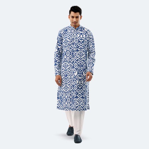 Bold Blue & White Geometric Print Cotton Panjabi (Torquoise) - 1