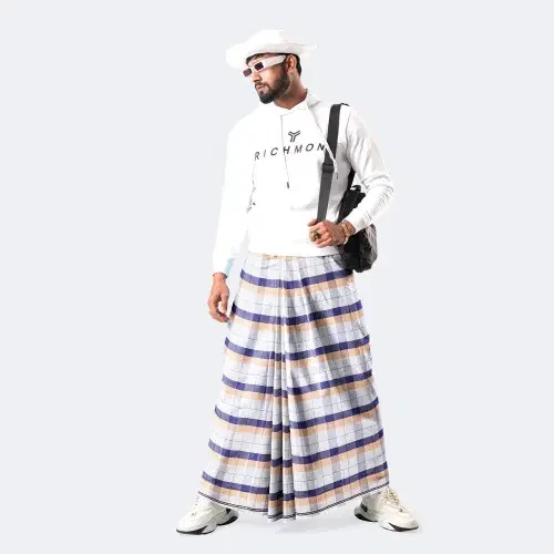 Blue & Orange Grid Lungi - Rolex  - 4